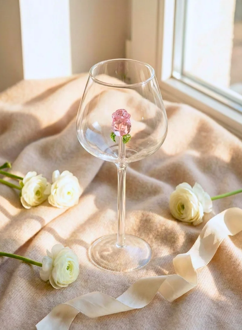 1Chase  Borosilicate Glass Goblet with Rose Design & Stainless Steel Straw – 650ml Decorative Stemmed Drinking Glass (Pink)  | Best Price UAE